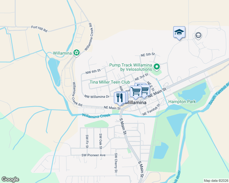 map of restaurants, bars, coffee shops, grocery stores, and more near 142 Northeast Main Street in Willamina