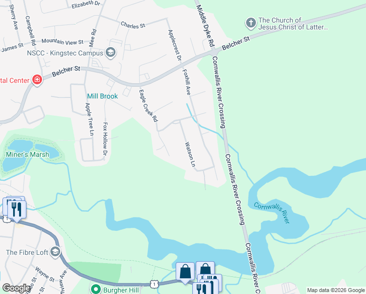 map of restaurants, bars, coffee shops, grocery stores, and more near 145 Watson Lane in Kentville
