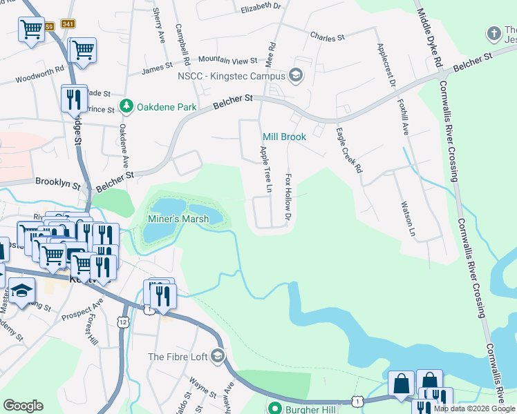map of restaurants, bars, coffee shops, grocery stores, and more near 1 Cortland Crescent in Kentville