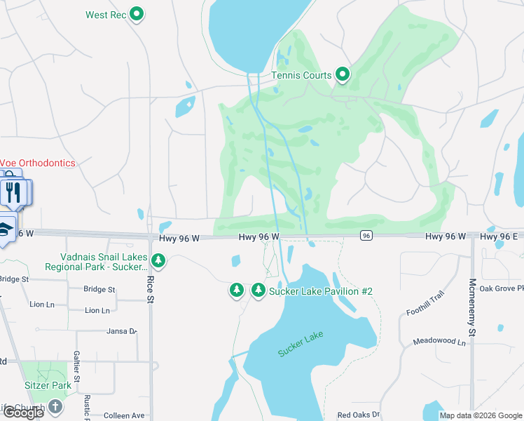map of restaurants, bars, coffee shops, grocery stores, and more near 4 Willow Road in North Oaks