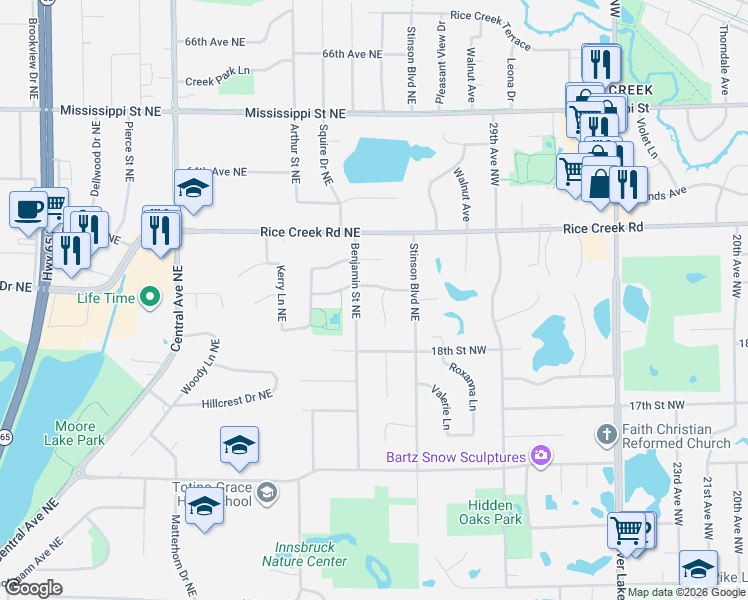 map of restaurants, bars, coffee shops, grocery stores, and more near 1613 Briardale Road Northeast in Fridley
