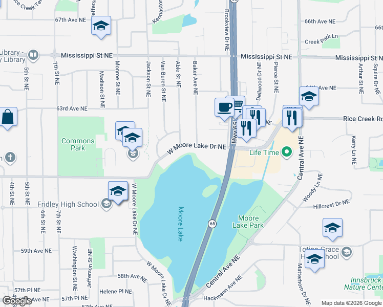 map of restaurants, bars, coffee shops, grocery stores, and more near 901 West Moore Lake Drive Northeast in Minneapolis