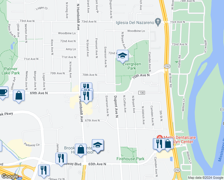 map of restaurants, bars, coffee shops, grocery stores, and more near 1100 Emerson Lane North in Brooklyn Center