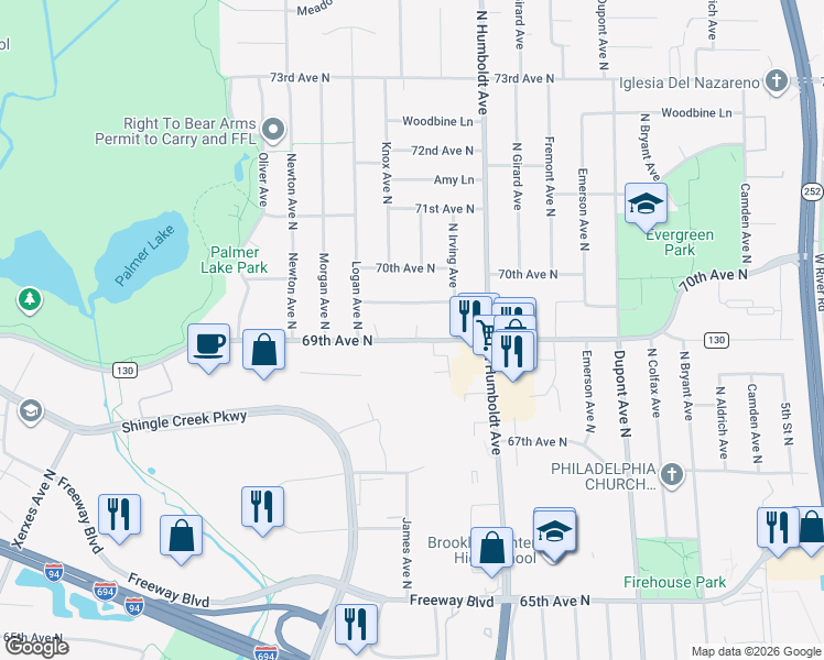 map of restaurants, bars, coffee shops, grocery stores, and more near 1701 Irving Lane in Brooklyn Center