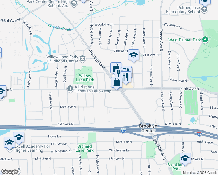 map of restaurants, bars, coffee shops, grocery stores, and more near 6927 Lee Avenue North in Minneapolis
