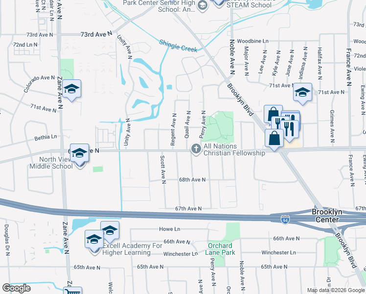 map of restaurants, bars, coffee shops, grocery stores, and more near 6918 Quail Avenue North in Minneapolis
