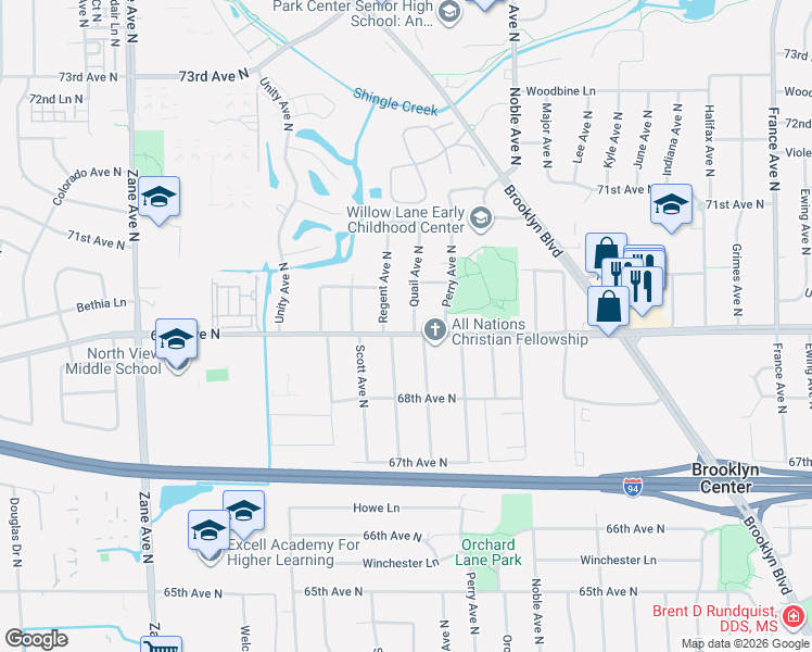 map of restaurants, bars, coffee shops, grocery stores, and more near 6918 Quail Avenue North in Minneapolis
