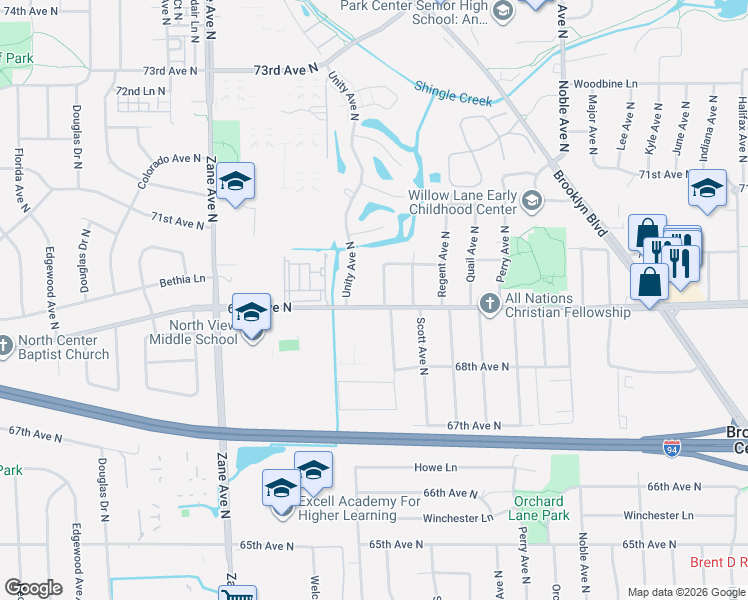 map of restaurants, bars, coffee shops, grocery stores, and more near 6925 Toledo Avenue North in Minneapolis