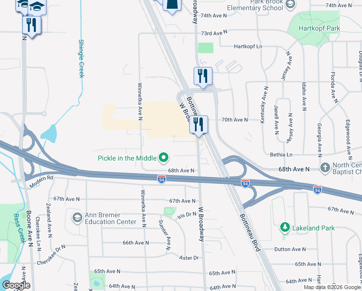 map of restaurants, bars, coffee shops, grocery stores, and more near 7600 69th Avenue North in Minneapolis