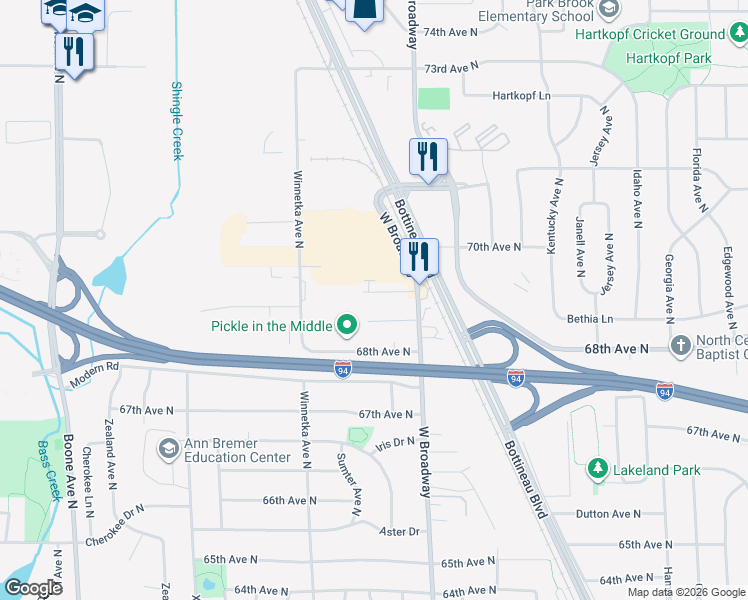 map of restaurants, bars, coffee shops, grocery stores, and more near 7600 69th Avenue North in Minneapolis