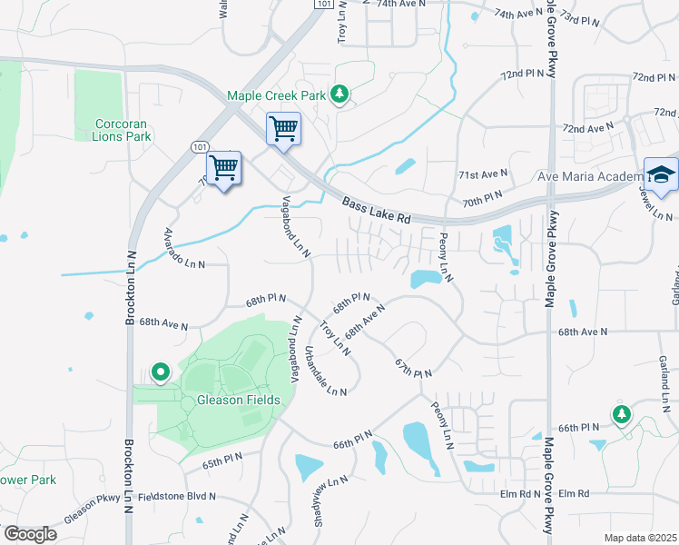 map of restaurants, bars, coffee shops, grocery stores, and more near 18192 69th Place North in Osseo