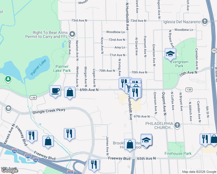 map of restaurants, bars, coffee shops, grocery stores, and more near 1701 Irving Lane in Brooklyn Center