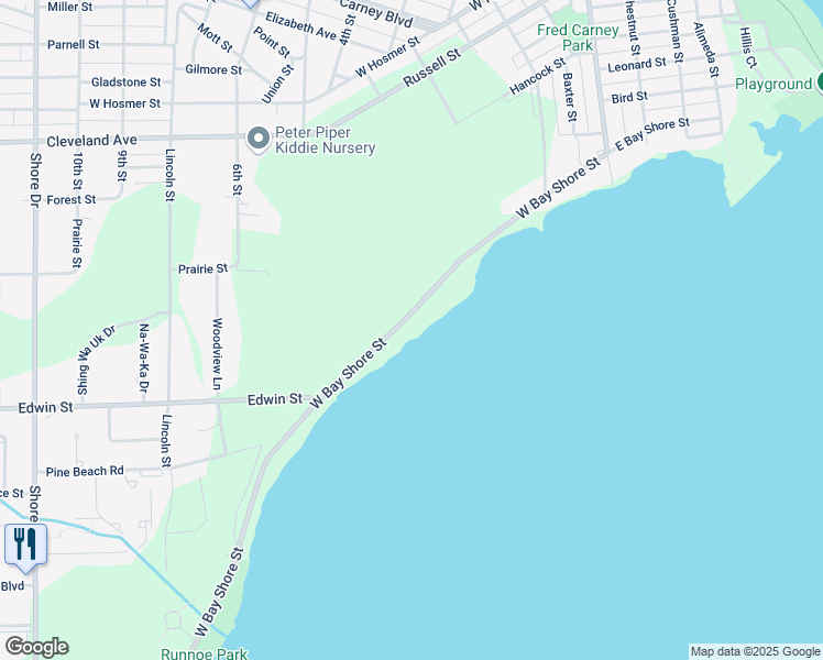 map of restaurants, bars, coffee shops, grocery stores, and more near 295 West Bay Shore Street in Marinette