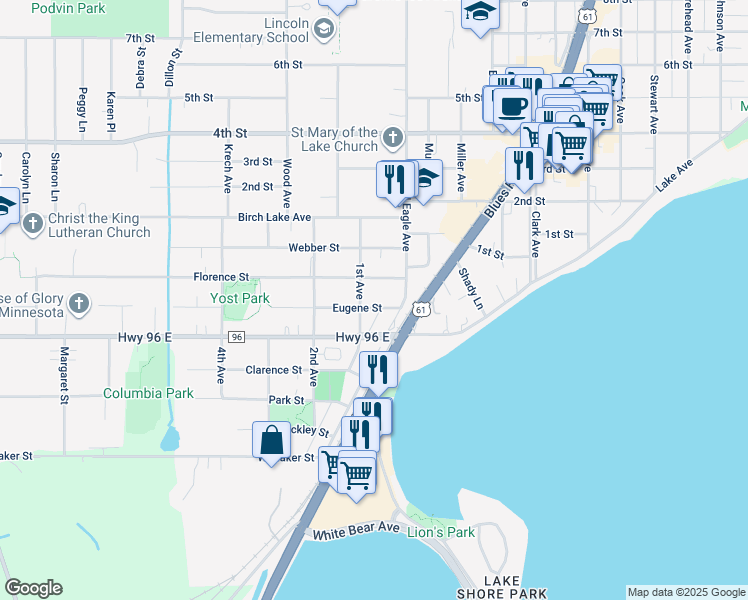map of restaurants, bars, coffee shops, grocery stores, and more near 1995 Eugene Street in White Bear Lake