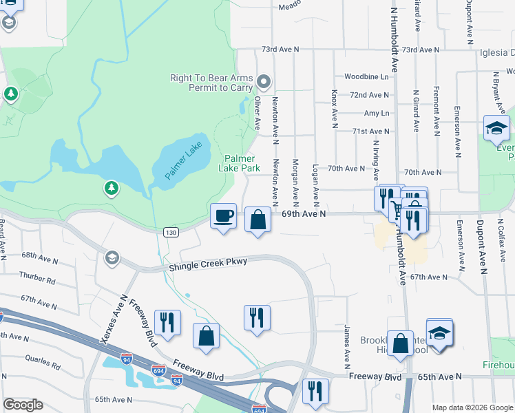 map of restaurants, bars, coffee shops, grocery stores, and more near 6930 Oliver Avenue in Minneapolis
