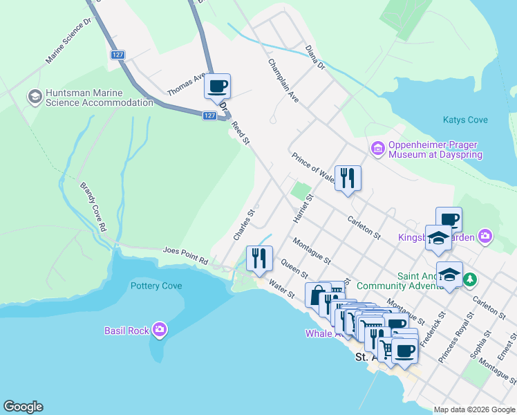 map of restaurants, bars, coffee shops, grocery stores, and more near 111 Charles Street in St. Andrews