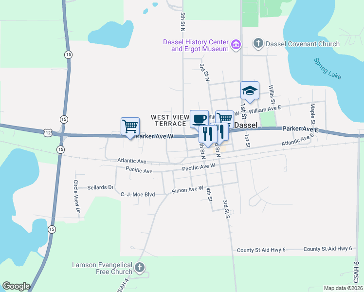 map of restaurants, bars, coffee shops, grocery stores, and more near 510 Parker Avenue West in Dassel