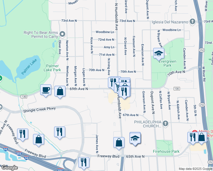 map of restaurants, bars, coffee shops, grocery stores, and more near 1601 Irving Lane in Brooklyn Center