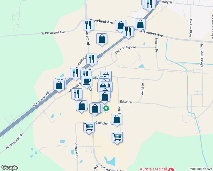 map of restaurants, bars, coffee shops, grocery stores, and more near 2400 Roosevelt Road in Marinette