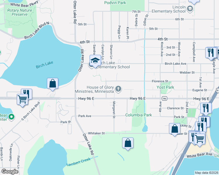 map of restaurants, bars, coffee shops, grocery stores, and more near 4615 Carolyn Lane in White Bear Lake