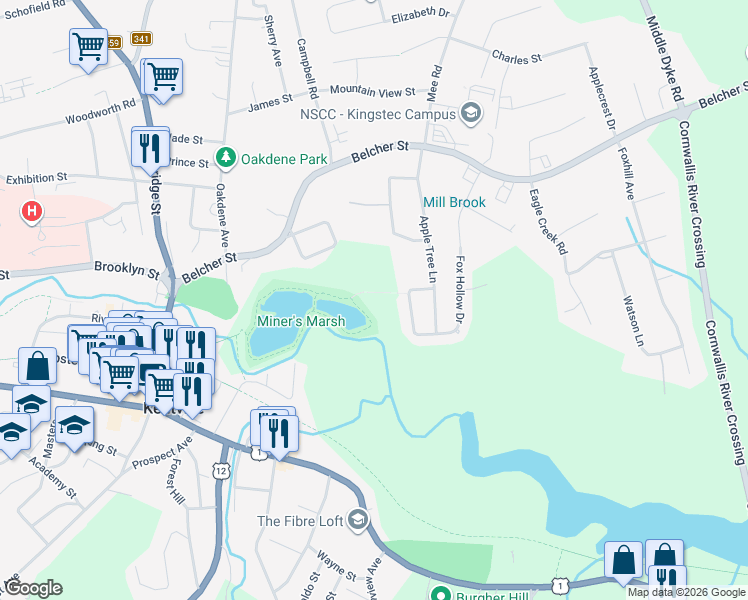 map of restaurants, bars, coffee shops, grocery stores, and more near 13 Cortland Crescent in Kentville