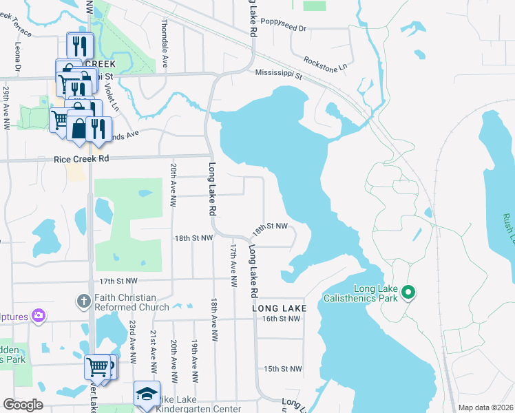 map of restaurants, bars, coffee shops, grocery stores, and more near 1910 15th Avenue Northwest in New Brighton