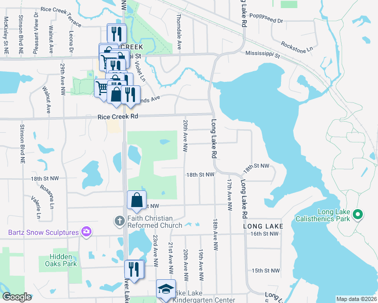 map of restaurants, bars, coffee shops, grocery stores, and more near 1926 19th Street Northwest in New Brighton