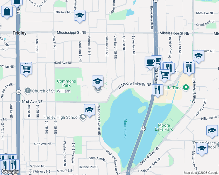 map of restaurants, bars, coffee shops, grocery stores, and more near 6212 Carol Circle Northeast in Fridley