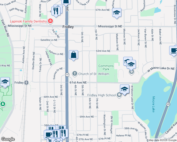 map of restaurants, bars, coffee shops, grocery stores, and more near 6190 6th Street Northeast in Fridley