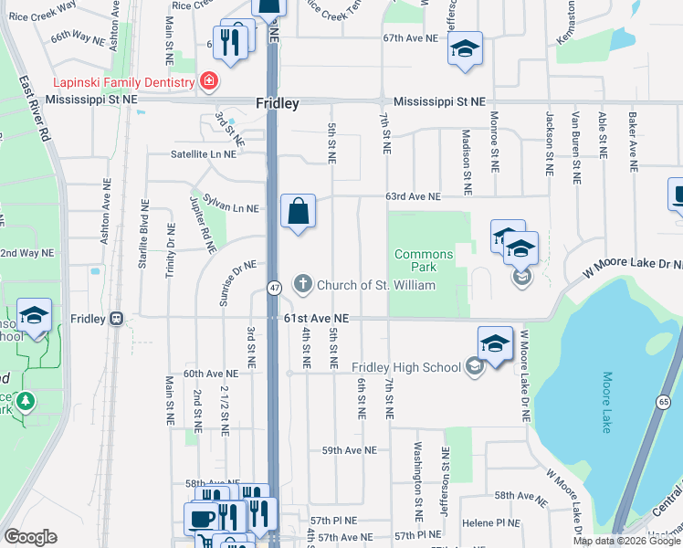 map of restaurants, bars, coffee shops, grocery stores, and more near 6184 5th Street Northeast in Fridley