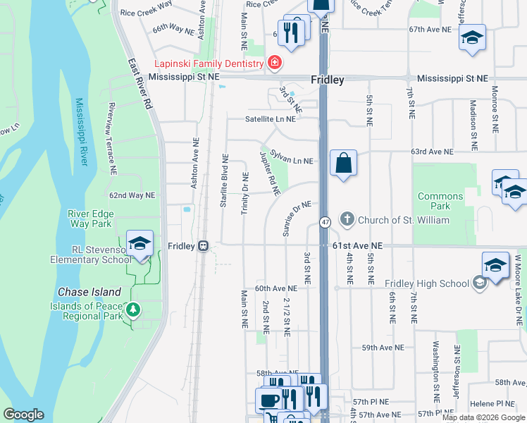 map of restaurants, bars, coffee shops, grocery stores, and more near 6281 Comet Lane Northeast in Fridley
