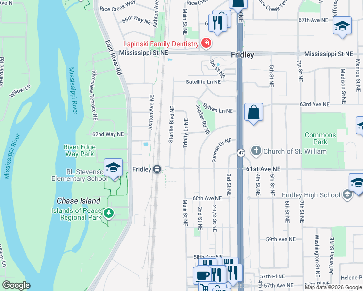 map of restaurants, bars, coffee shops, grocery stores, and more near 6190 Trinity Drive Northeast in Fridley