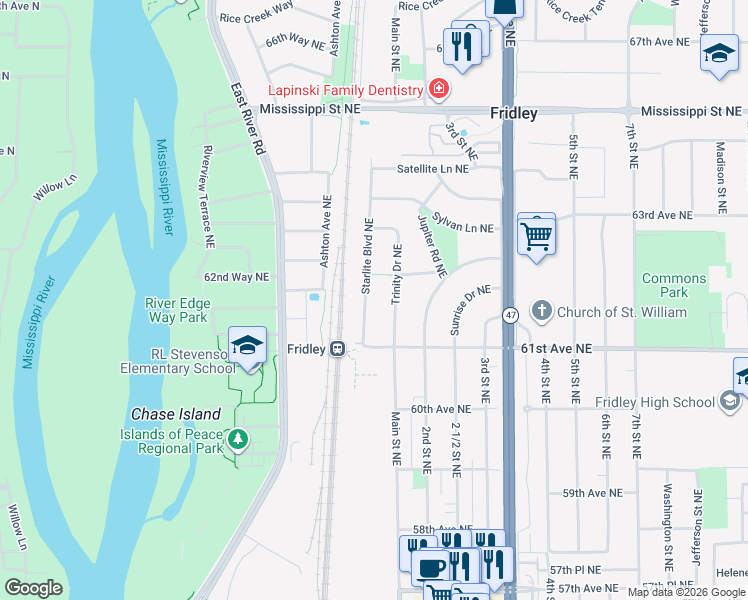 map of restaurants, bars, coffee shops, grocery stores, and more near 6190 Starlite Boulevard Northeast in Fridley