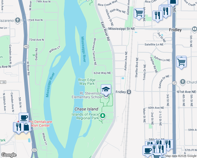 map of restaurants, bars, coffee shops, grocery stores, and more near 160 62nd Way Northeast in Fridley