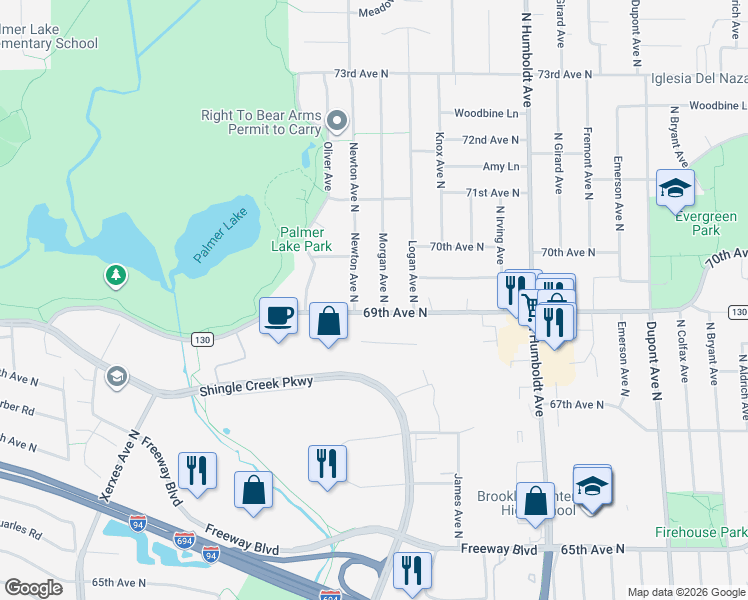 map of restaurants, bars, coffee shops, grocery stores, and more near 6924 Newton Avenue North in Minneapolis