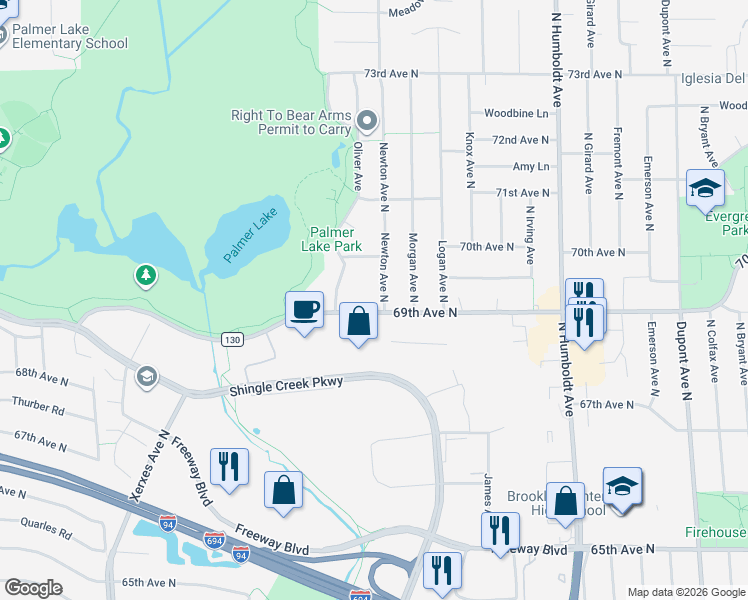 map of restaurants, bars, coffee shops, grocery stores, and more near 6930 Oliver Avenue in Minneapolis