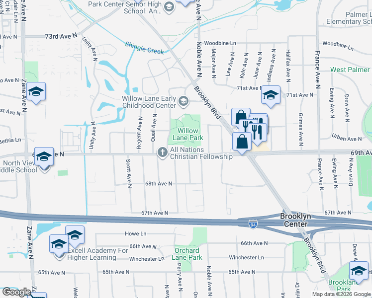 map of restaurants, bars, coffee shops, grocery stores, and more near 4800 69th Avenue North in Minneapolis