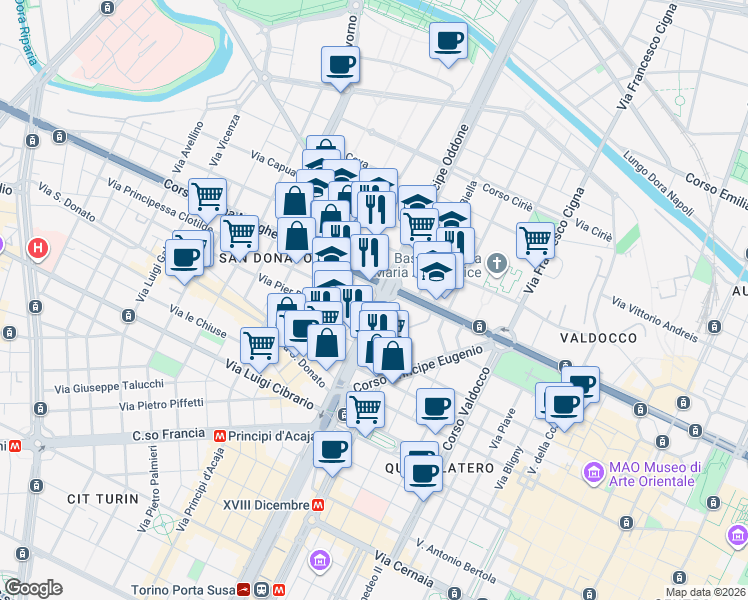 map of restaurants, bars, coffee shops, grocery stores, and more near 2 Corso Umbria in Turin