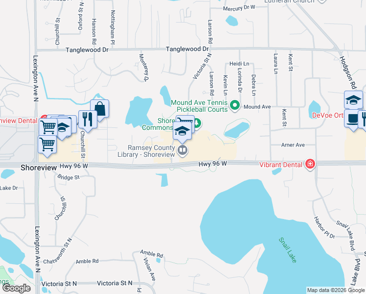 map of restaurants, bars, coffee shops, grocery stores, and more near 4570 Victoria Street North in Shoreview