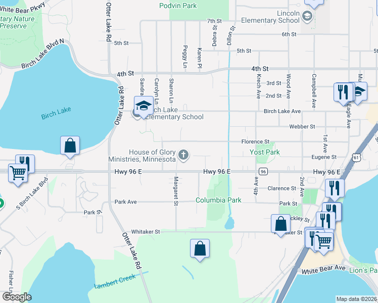 map of restaurants, bars, coffee shops, grocery stores, and more near 1710 Florence Street in White Bear Lake