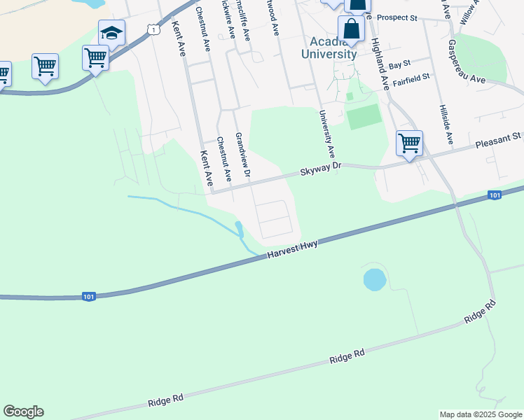 map of restaurants, bars, coffee shops, grocery stores, and more near 2 Sunset Terrace in Wolfville