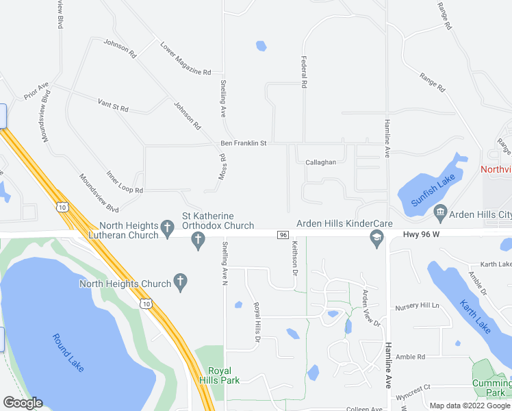 map of restaurants, bars, coffee shops, grocery stores, and more near 1536 Ben Franklin Street in Arden Hills