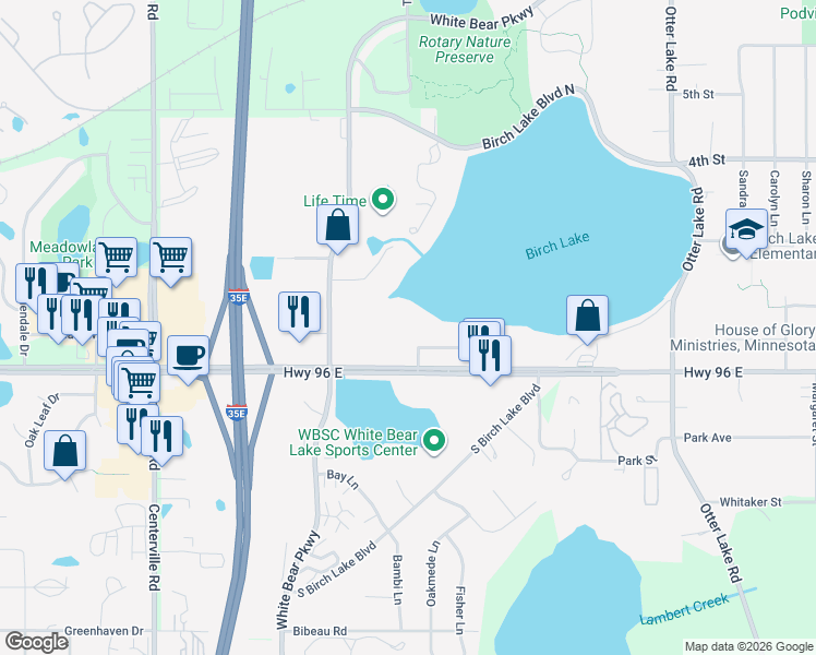 map of restaurants, bars, coffee shops, grocery stores, and more near 1297 Hedman Way in White Bear Lake