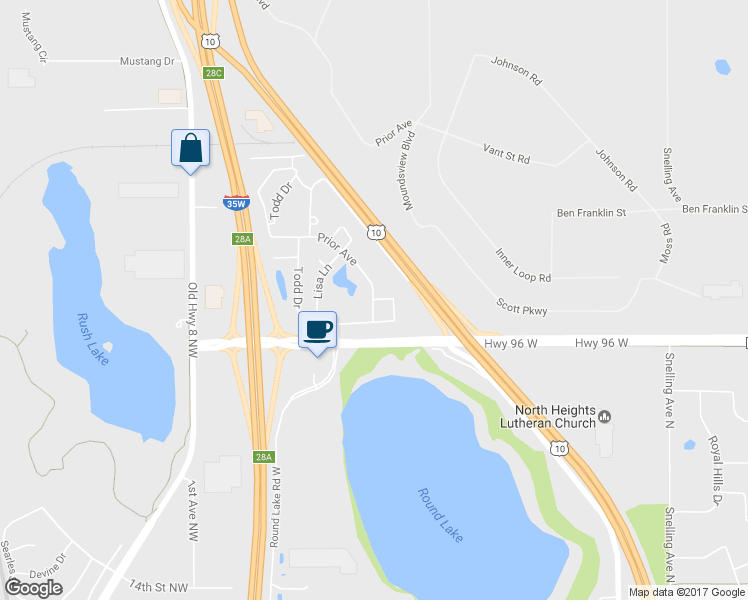map of restaurants, bars, coffee shops, grocery stores, and more near 4599 Prior Court in Arden Hills