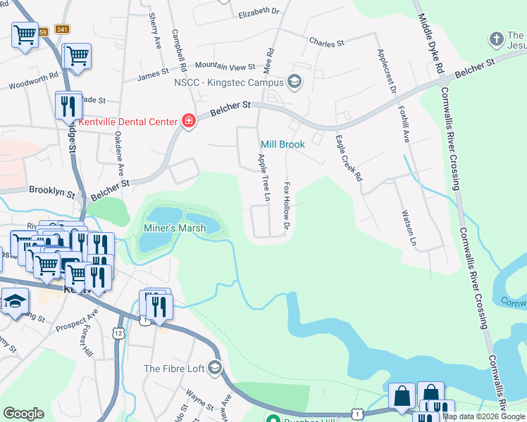 map of restaurants, bars, coffee shops, grocery stores, and more near 1 Cortland Crescent in Kentville