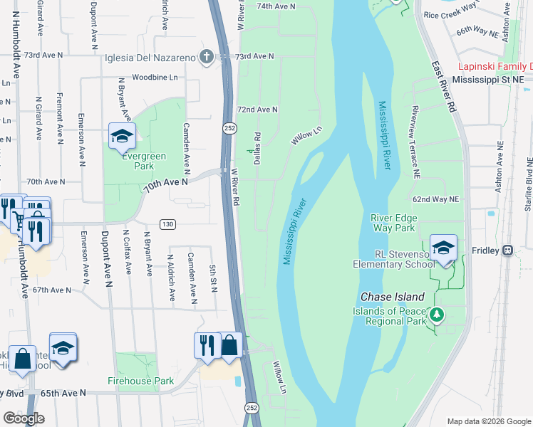 map of restaurants, bars, coffee shops, grocery stores, and more near 6925 Willow Lane in Brooklyn Center