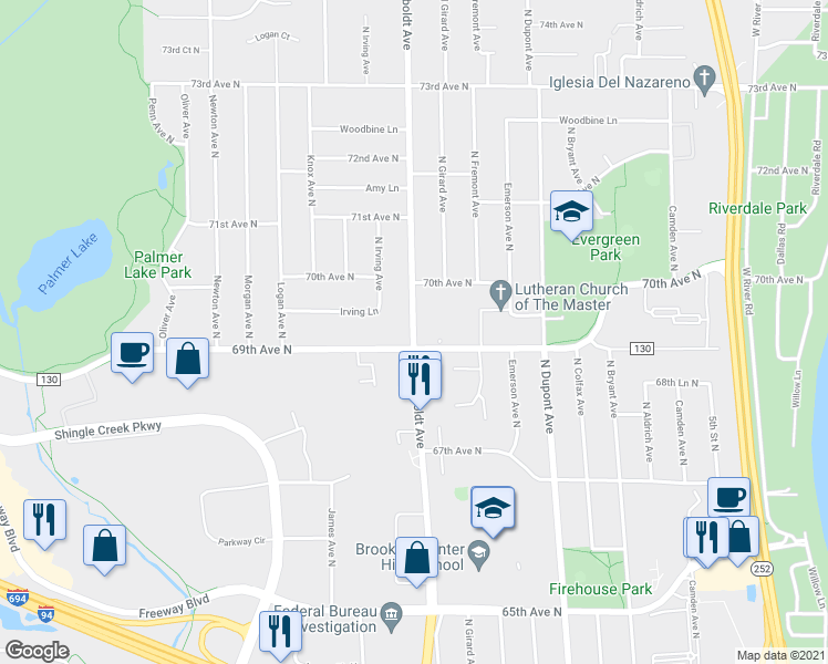 map of restaurants, bars, coffee shops, grocery stores, and more near 5910 Shingle Creek Parkway in Brooklyn Center