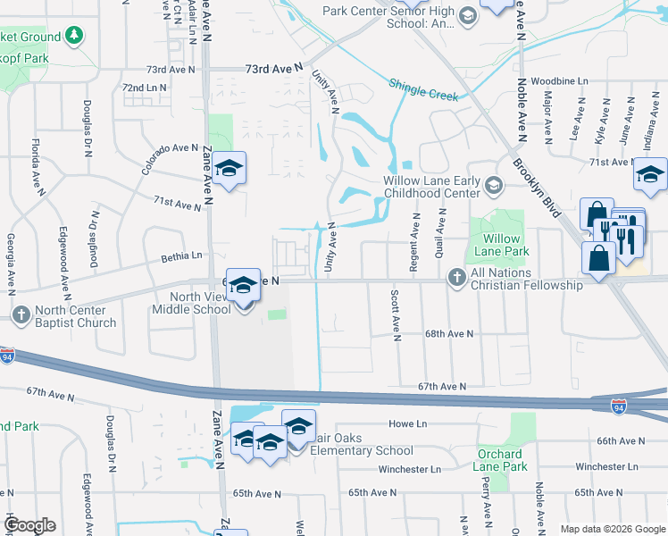 map of restaurants, bars, coffee shops, grocery stores, and more near 6925 Toledo Avenue North in Minneapolis