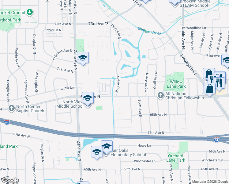 map of restaurants, bars, coffee shops, grocery stores, and more near 6925 Unity Avenue North in Minneapolis