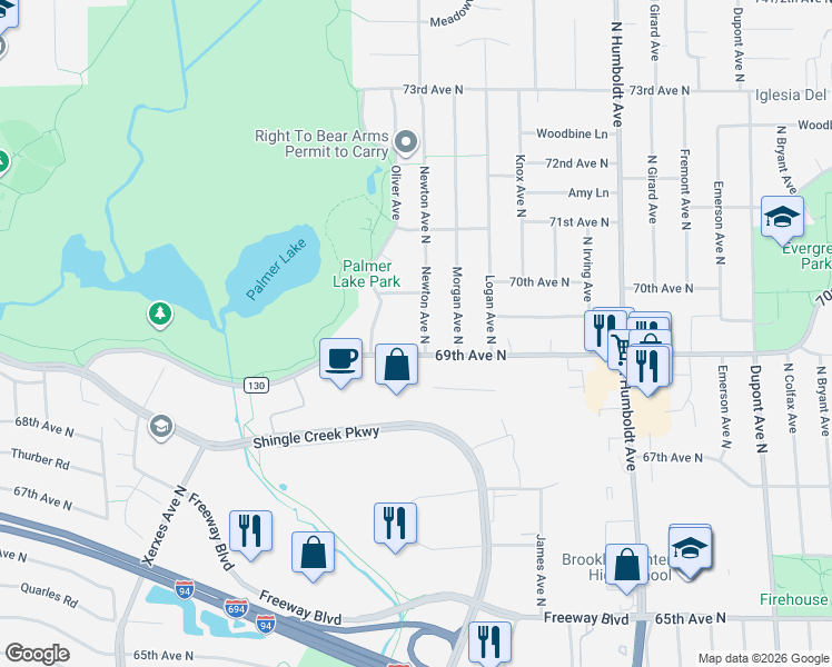 map of restaurants, bars, coffee shops, grocery stores, and more near 6924 Newton Avenue North in Minneapolis